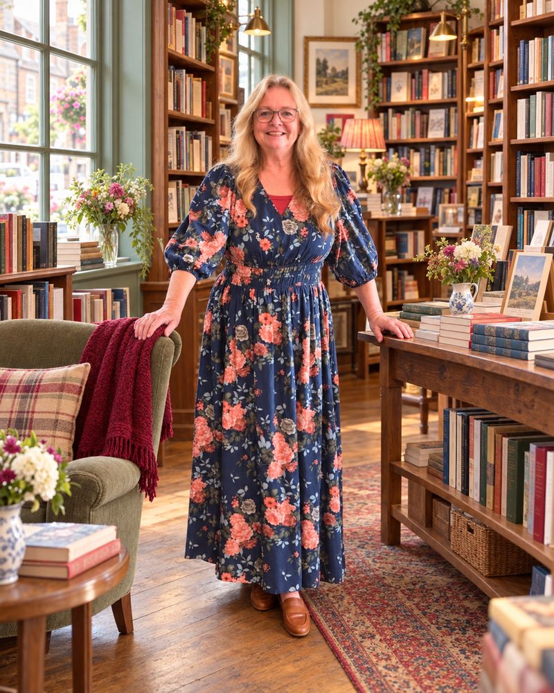 Sharla standing in a cozy bookshop